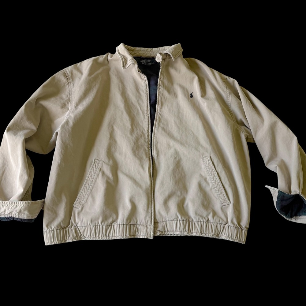 Polo Ralph Lauren XXL Beige Harrington‎ Jacket Plaid Lined Broken Zip Distressed